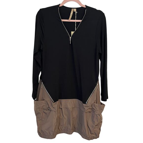 NWT Comfy USA Sara Tunic Dress Small Black Olive Utility Artsy Architectural - Picture 1 of 10